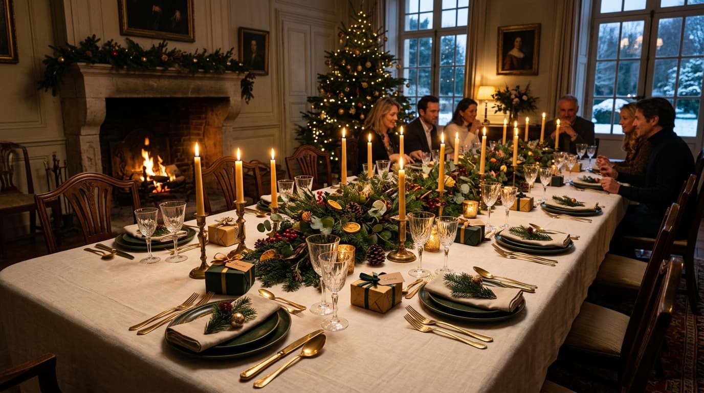 Festive holiday celebration table with candlelight and European linens